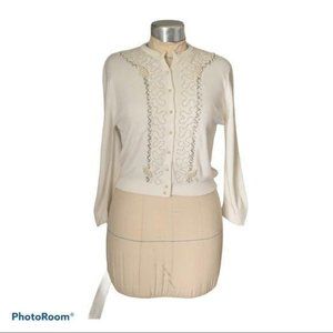 60s Vintage Sweater Beaded Betty Draper Cardigan Mad Men Pearl Cream Off White S